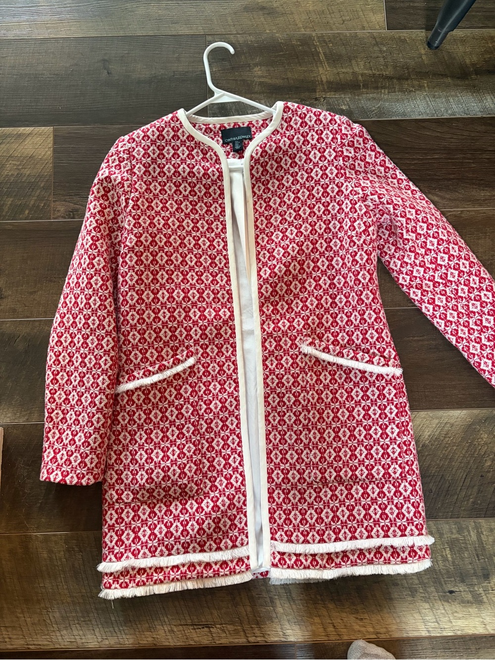 Cynthia Rowley Red & White Patterned Collarless Jacket tweed coat